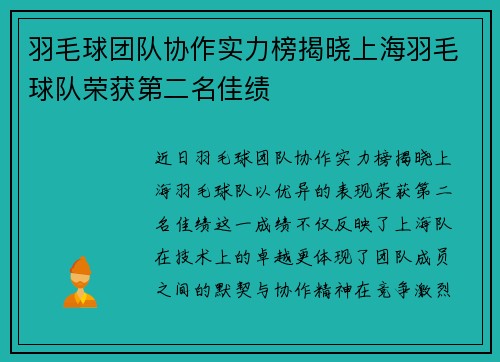 羽毛球团队协作实力榜揭晓上海羽毛球队荣获第二名佳绩