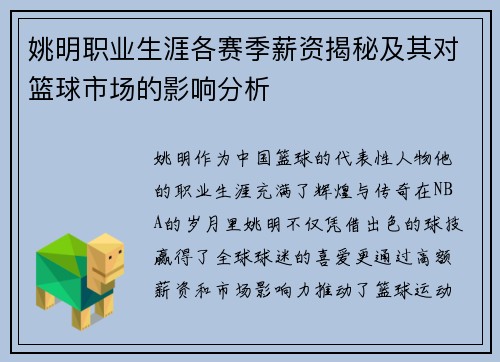 姚明职业生涯各赛季薪资揭秘及其对篮球市场的影响分析