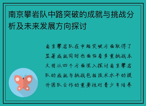 南京攀岩队中路突破的成就与挑战分析及未来发展方向探讨