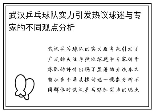 武汉乒乓球队实力引发热议球迷与专家的不同观点分析
