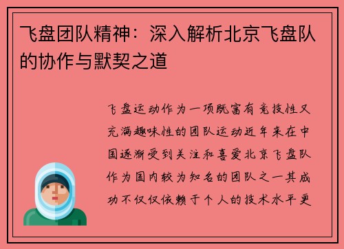 飞盘团队精神：深入解析北京飞盘队的协作与默契之道
